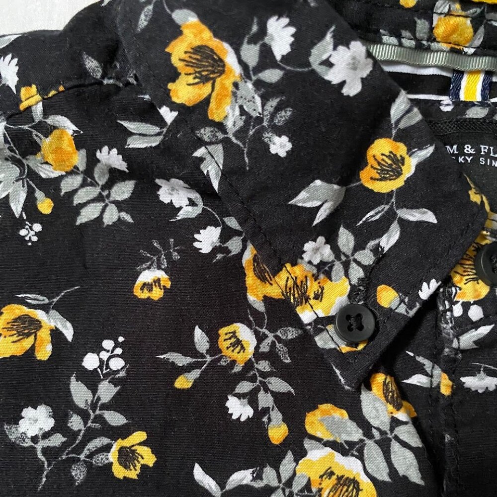 Denim & Flower Black and Yellow Floral Button Up Shirt 100% Cotton Short Sleeve - Picture 5 of 13
